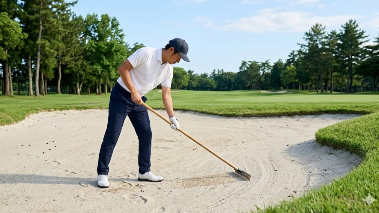 バンカーショットの後、レーキを使って足跡を丁寧に直す日本人ゴルファー。