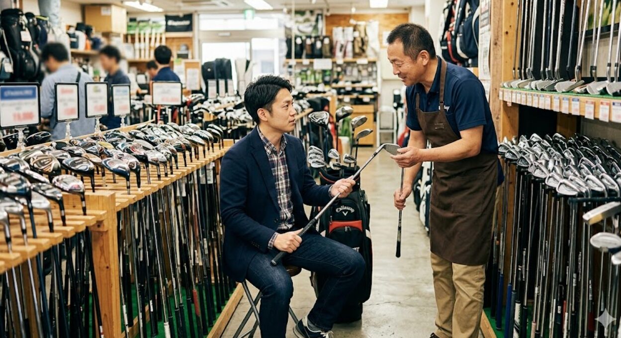 中古ゴルフショップで、専門スタッフのアドバイスを受けながらクラブセットを選ぶ日本人男性。
