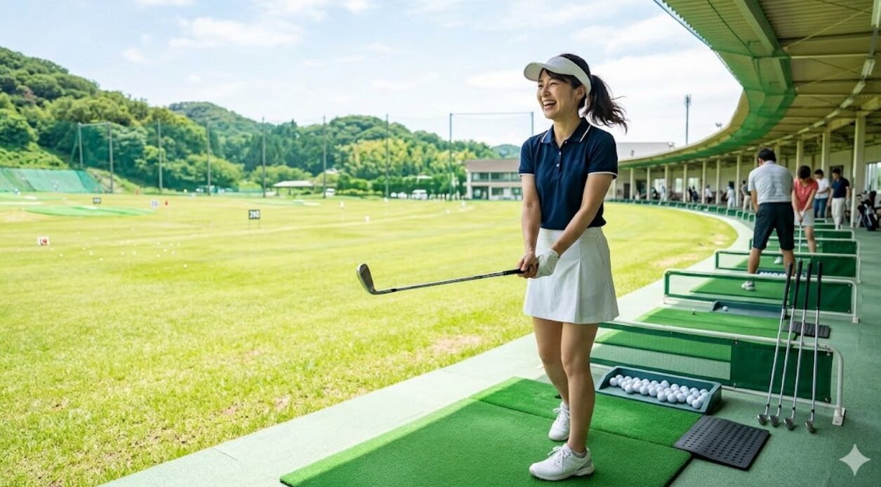 広々とした屋外ゴルフ練習場で、レンタルクラブを手に楽しそうに練習する日本人女性ゴルファーの様子。