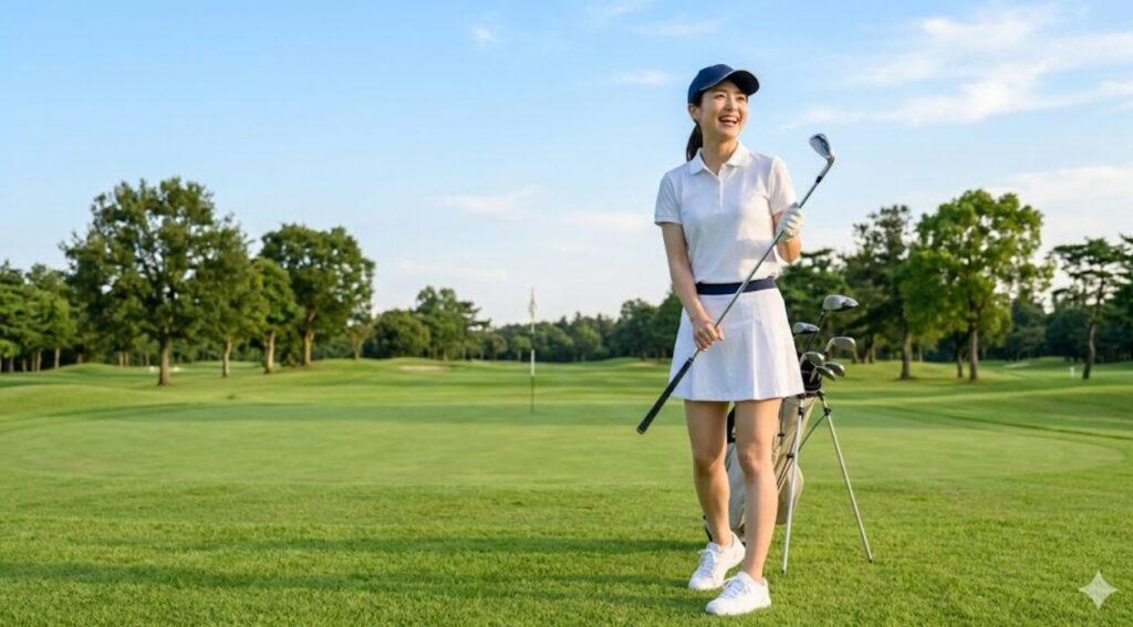 ゴルフ初心者として、爽やかな笑顔でゴルフクラブを手にコースを見渡す日本人女性の様子。