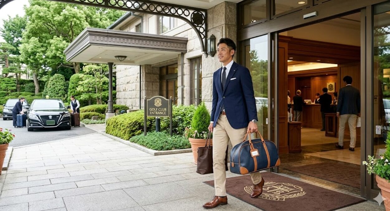 ゴルフ場のクラブハウス入口で、ジャケットを着用しドレスコードを守って入館する日本人男性ゴルファー。