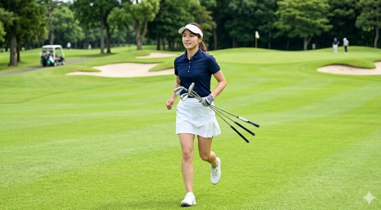 ゴルフコースで、次のショットに備えて複数のクラブを持って小走りで移動する日本人女性。